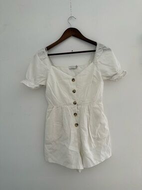 Lush White Button-Front Puff Sleeve Romper | cotton cottagecore romper size s